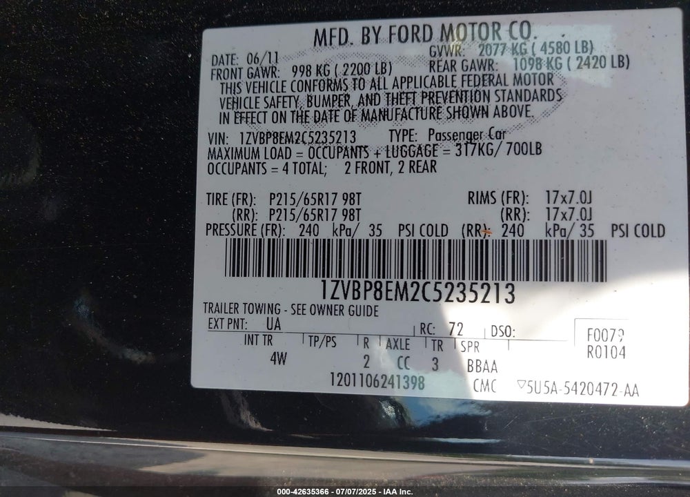 2012 FORD MUSTANG VIN: 1ZVBP8EM2C5235213