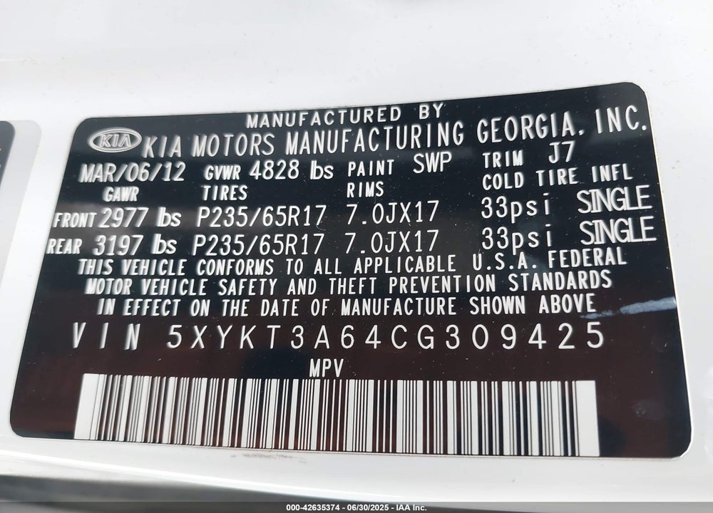 2012 KIA SORENTO VIN: 5XYKT3A64CG309425