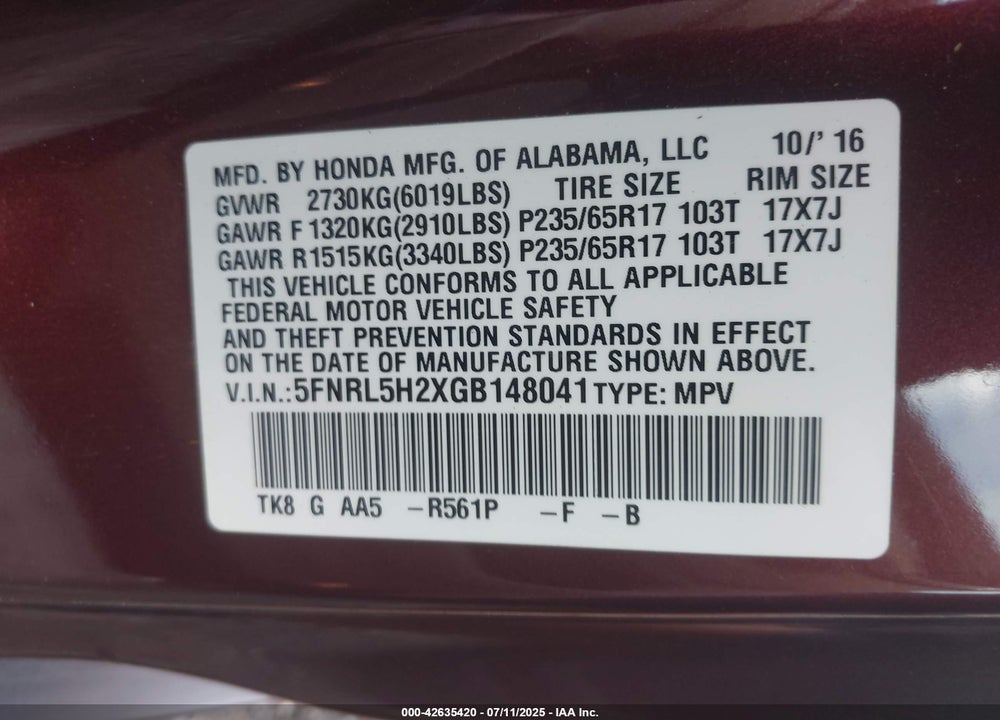2016 HONDA ODYSSEY LX VIN: 5FNRL5H2XGB148041