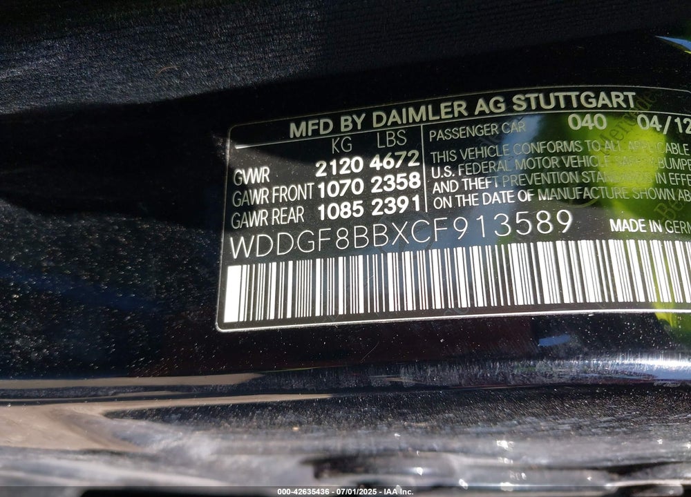 2012 MERCEDES-BENZ C CLASS VIN: WDDGF8BBXCF913589