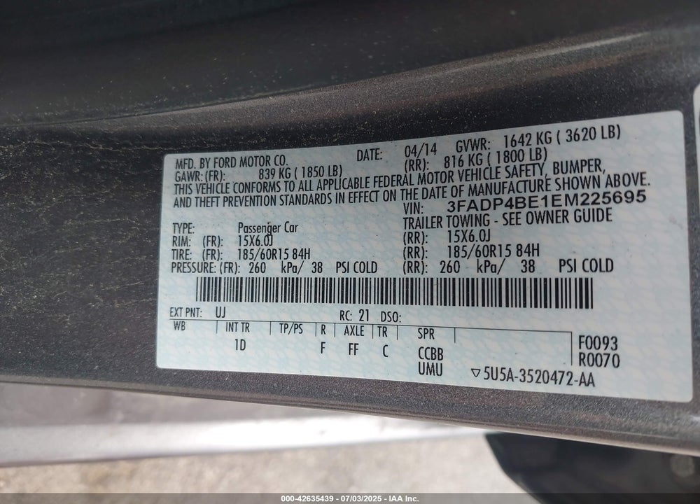 2014 FORD FIESTA VIN: 3FADP4BE1EM225695