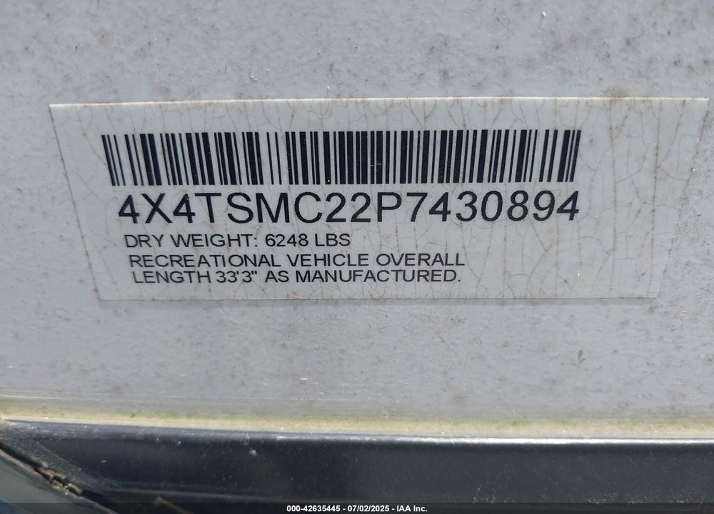 2023 FOREST RIVER TRAVEL TRLR VIN: 4X4TSMC22P7430894