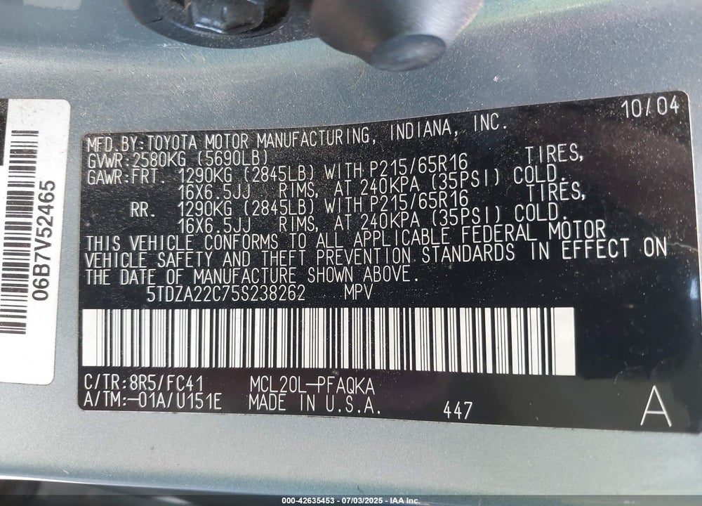 2005 TOYOTA SIENNA XLE VIN: 5TDZA22C75S238262
