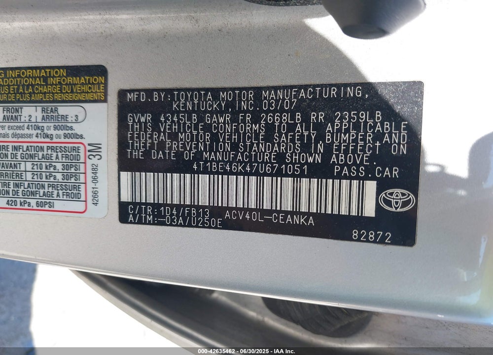 2007 TOYOTA CAMRY VIN: 4T1BE46K47U671051