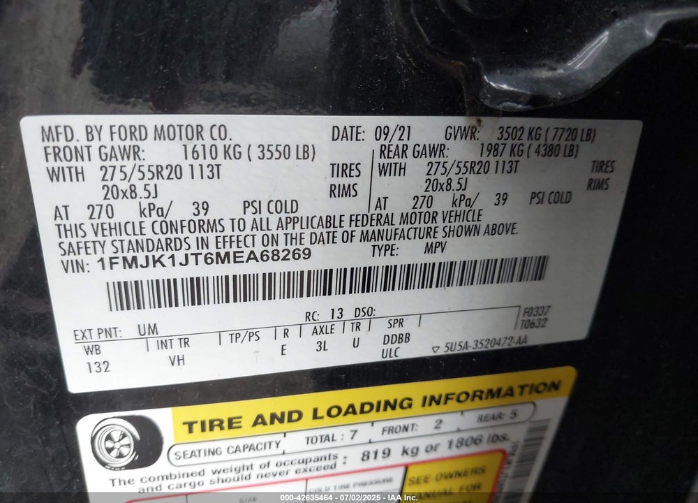 2021 FORD EXPEDITION VIN: 1FMJK1JT6MEA68269