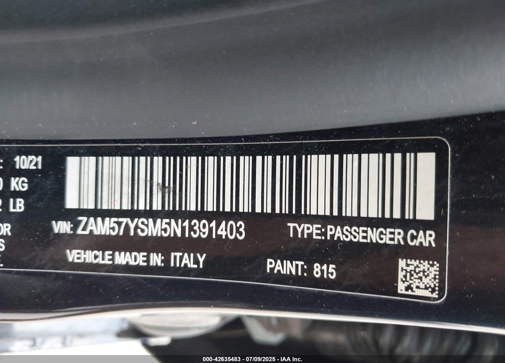 2022 MASERATI GHIBLI VIN: ZAM57YSM5N1391403