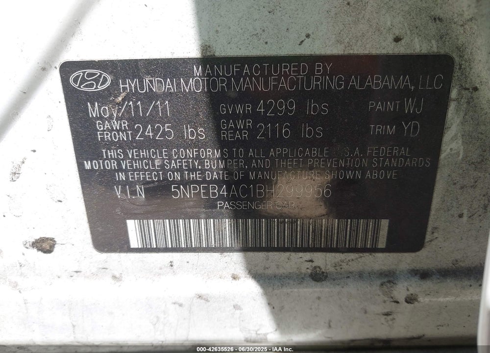 2011 HYUNDAI SONATA VIN: 5NPEB4AC1BH299956