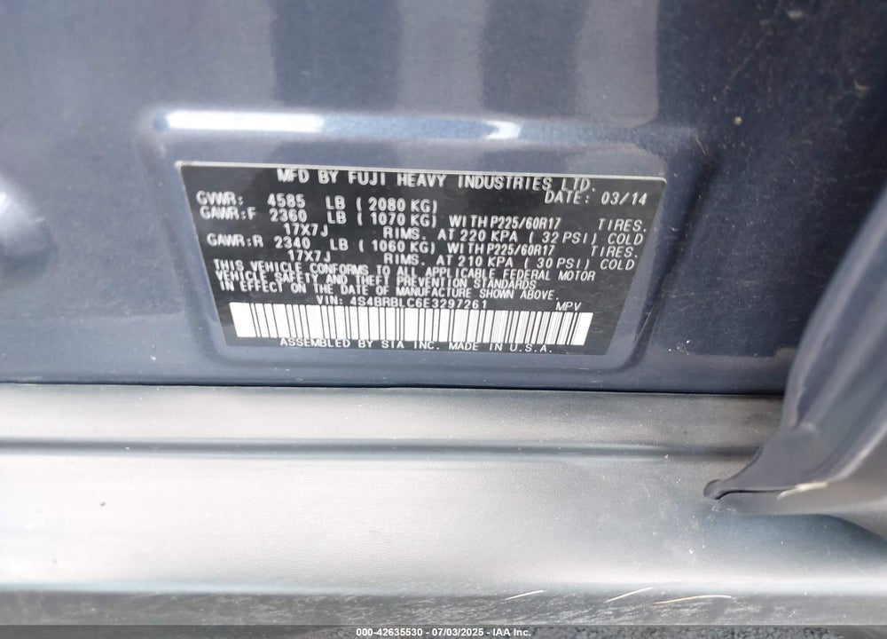 2014 SUBARU OUTBACK 2.5I LIMITED VIN: 4S4BRBLC6E3297261