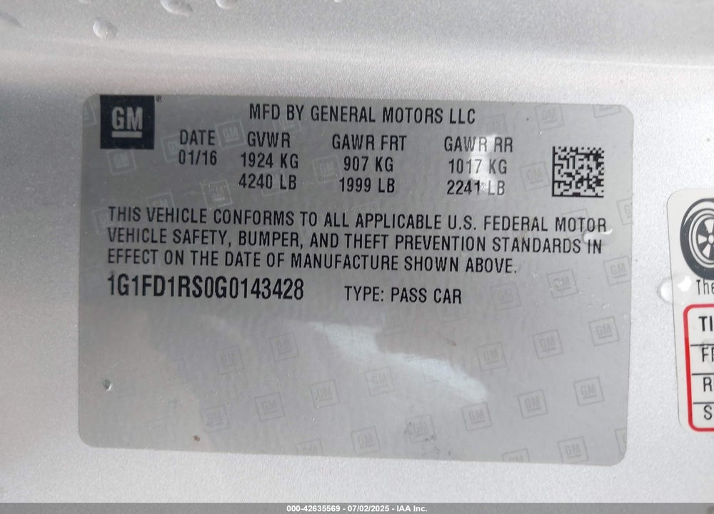 2016 CHEVROLET CAMARO VIN: 1G1FD1RS0G0143428