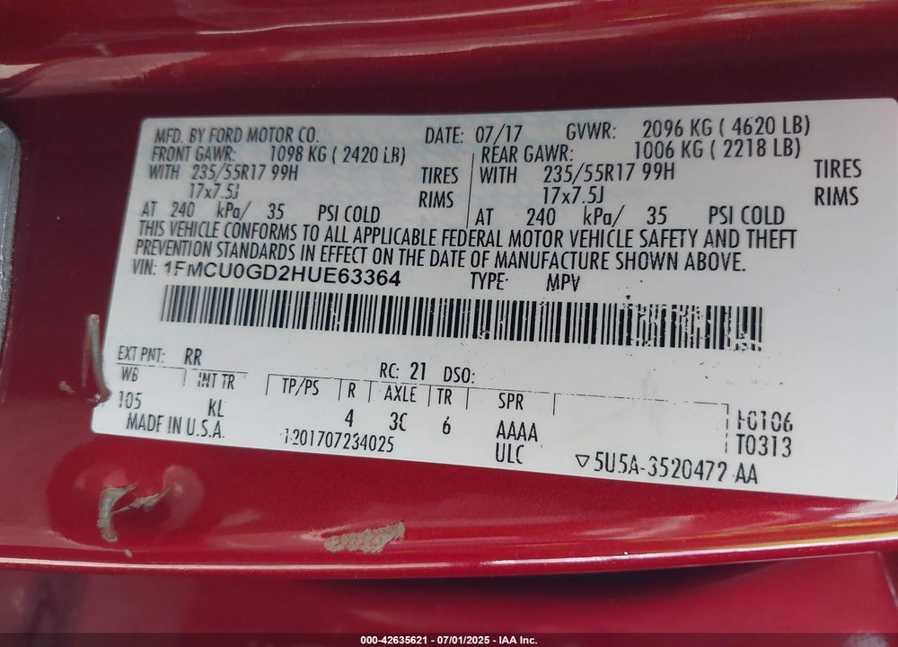 2017 FORD ESCAPE VIN: 1FMCU0GD2HUE63364