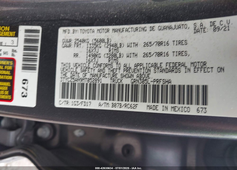 2021 TOYOTA TACOMA VIN: 3TYCZ5AN9MT052891