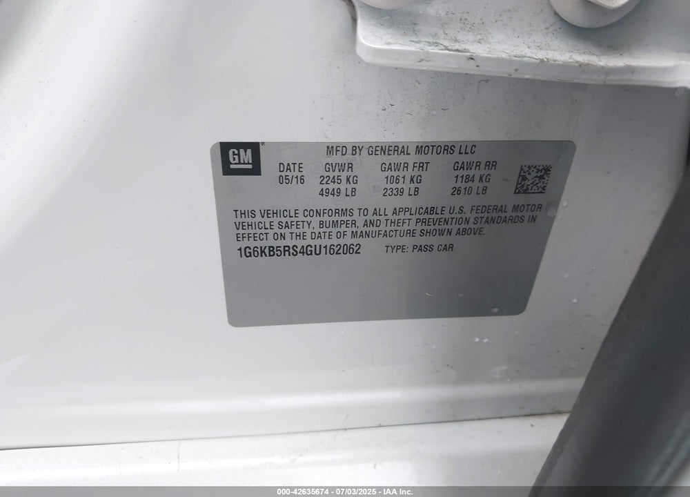 2016 CADILLAC CT6 VIN: 1G6KB5RS4GU162062