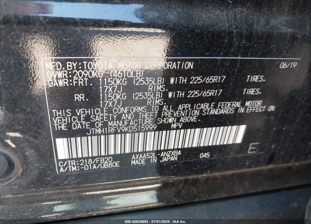 2019 TOYOTA RAV4 VIN: JTMH1RFV9KD515999
