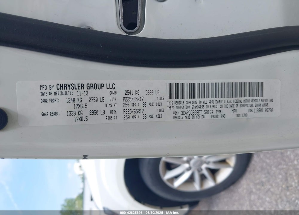2014 DODGE JOURNEY VIN: 3C4PDDBG8ET158164