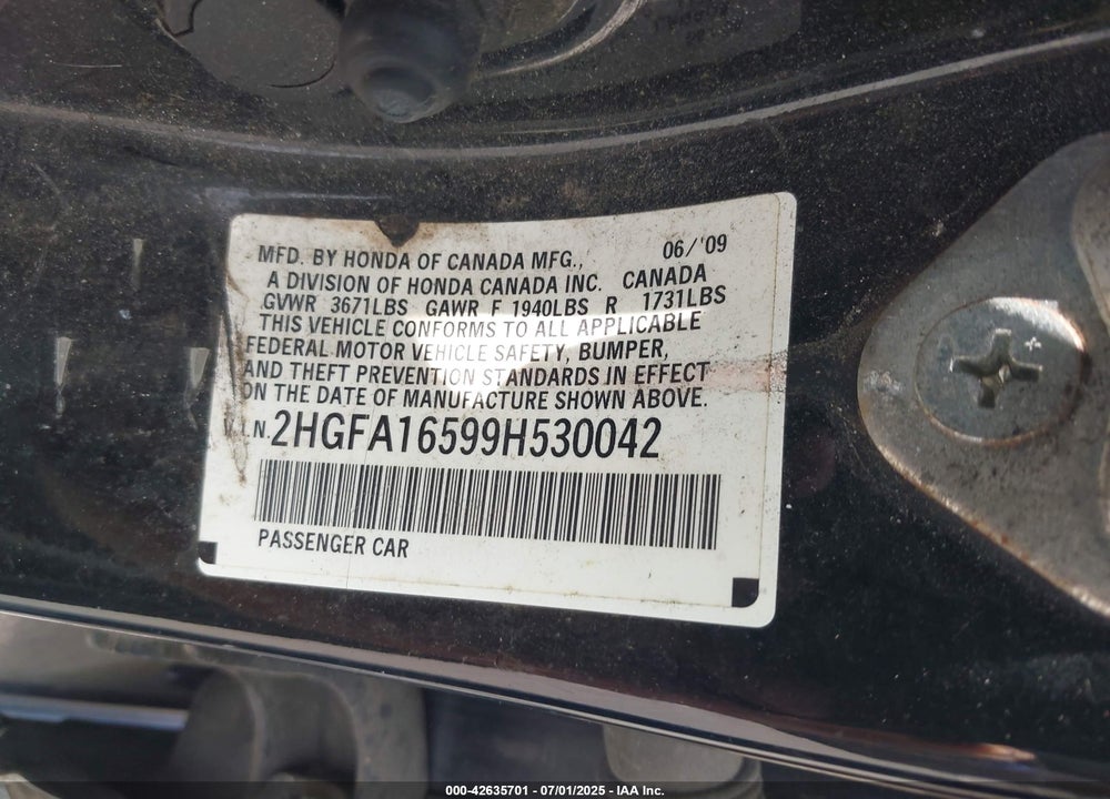 2009 HONDA CIVIC VIN: 2HGFA16599H530042