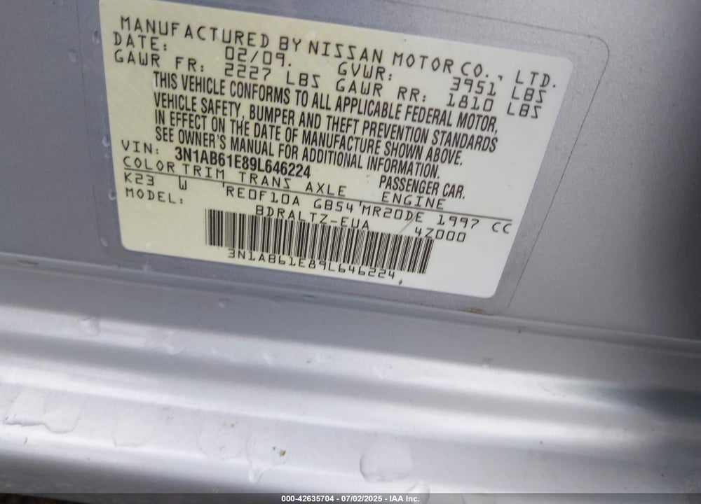 2009 NISSAN SENTRA VIN: 3N1AB61E89L646224