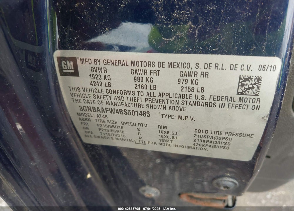 2011 CHEVROLET HHR VIN: 3GNBAAFW4BS501483