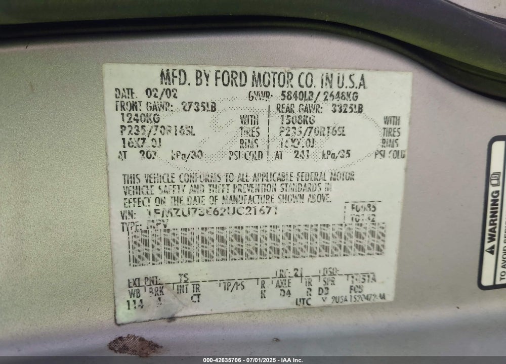 2002 FORD EXPLORER XLT VIN: 1FMZU73E62UC21671