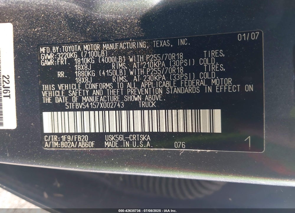 2007 TOYOTA TUNDRA VIN: 5TFBV54157X002743