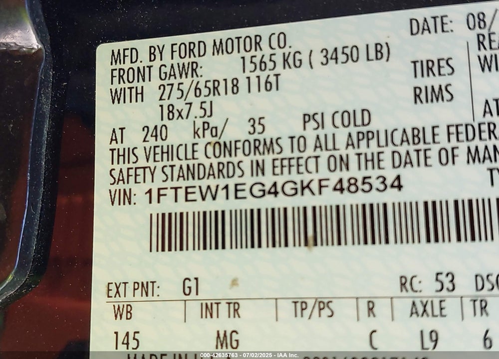 2016 FORD F-150 VIN: 1FTEW1EG4GKF48534