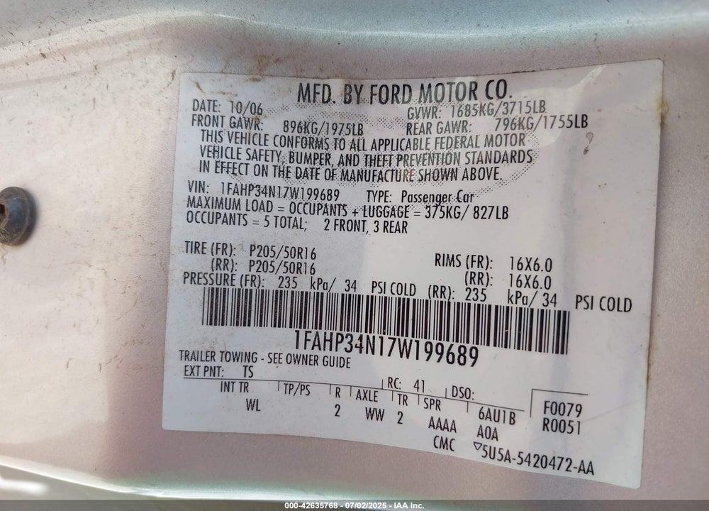 2007 FORD FOCUS VIN: 1FAHP34N17W199689