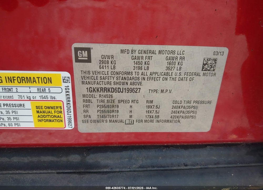 2013 GMC ACADIA VIN: 1GKKRRKD6DJ199627