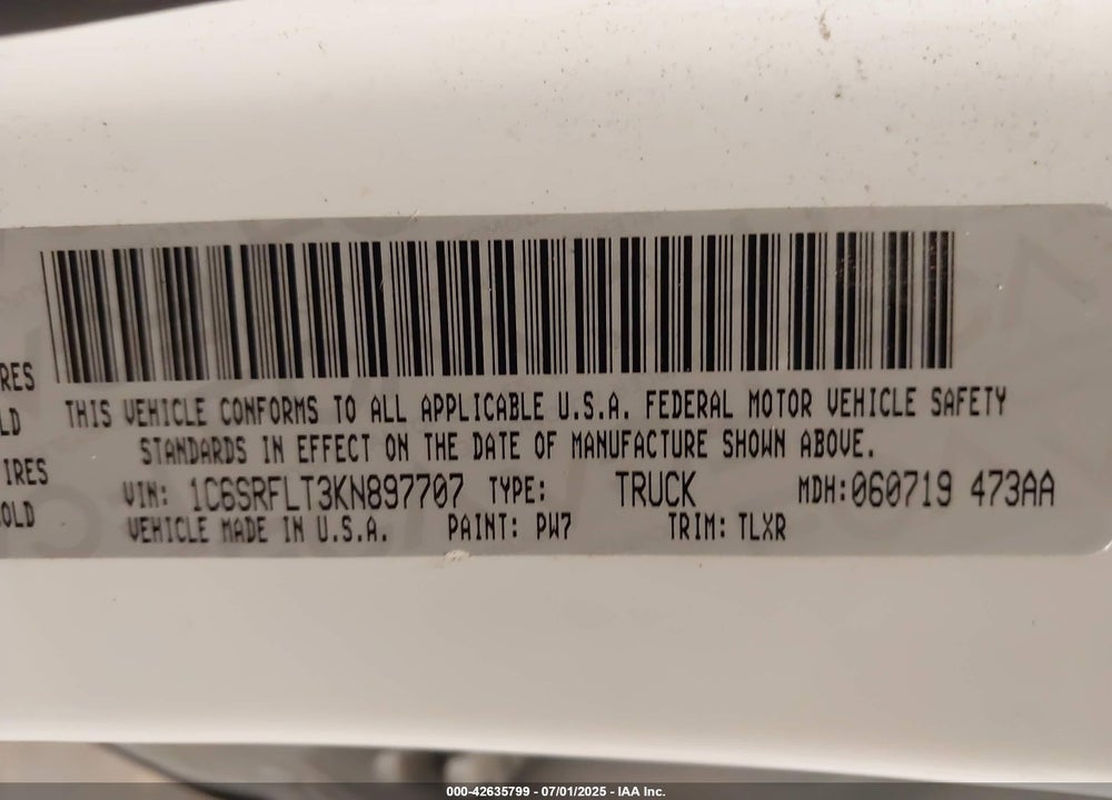 2019 RAM 1500 VIN: 1C6SRFLT3KN897707
