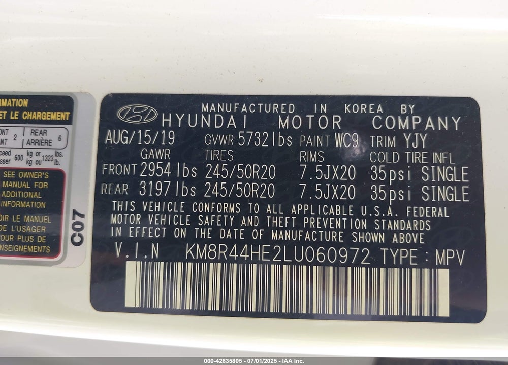 2020 HYUNDAI PALISADE SEL VIN: KM8R44HE2LU060972