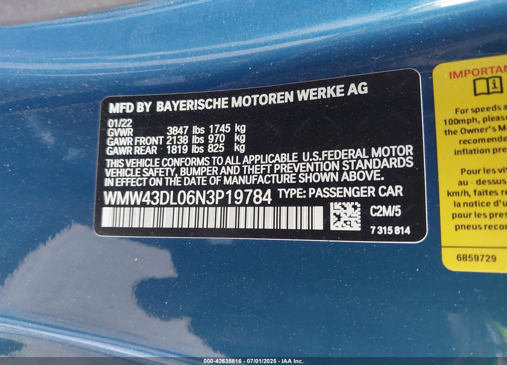 2022 MINI CONVERTIBLE VIN: WMW43DL06N3P19784
