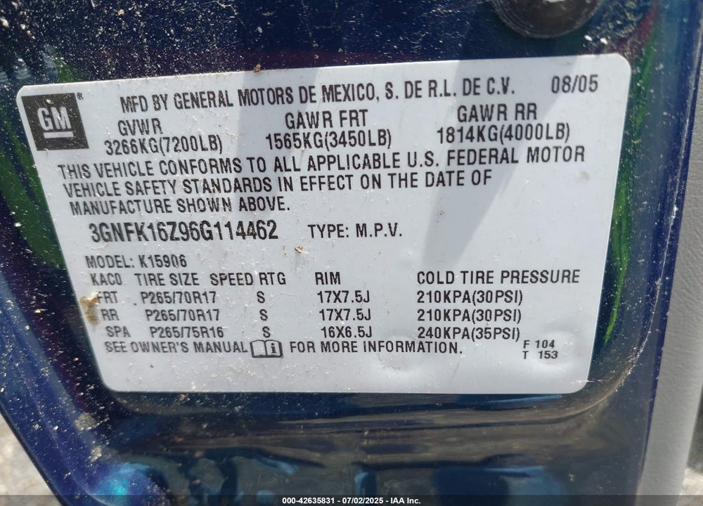 2006 CHEVROLET SUBURBAN 1500 Z71 VIN: 3GNFK16Z96G114462
