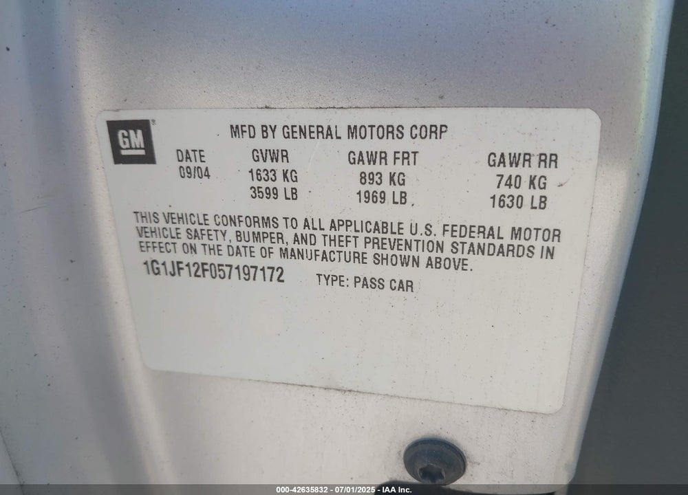 2005 CHEVROLET CAVALIER LS VIN: 1G1JF12F057197172