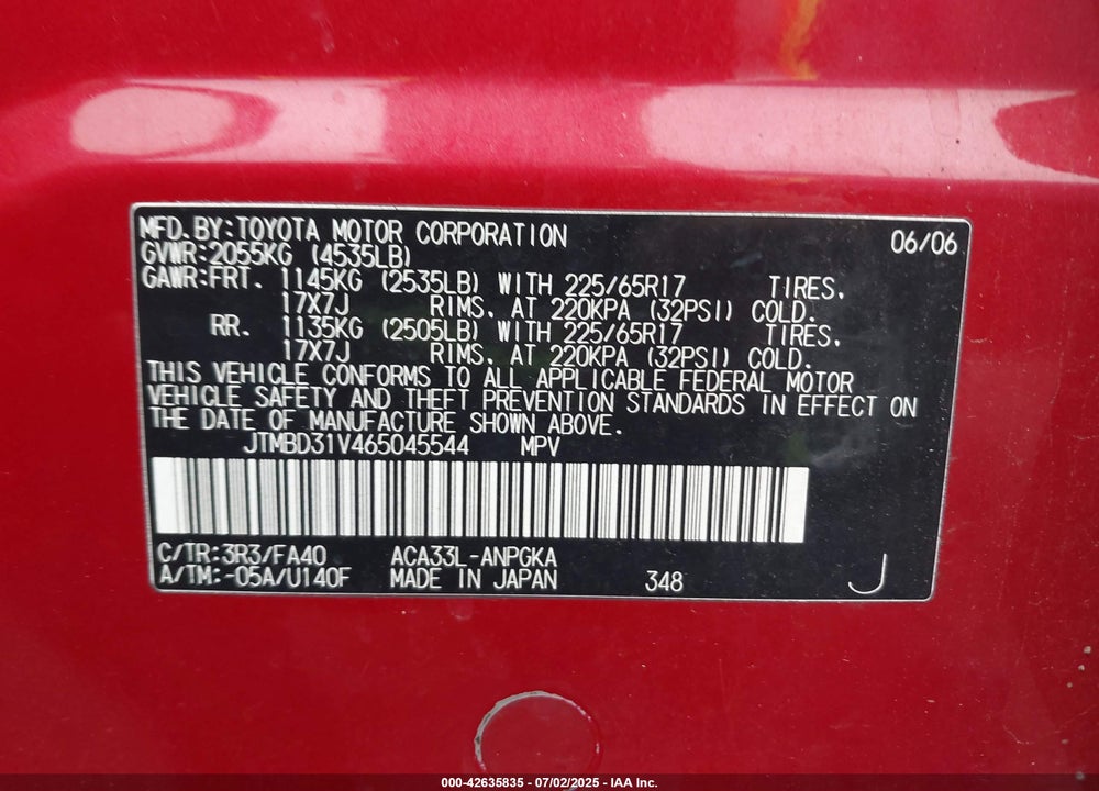 2006 TOYOTA RAV4 VIN: JTMBD31V465045544