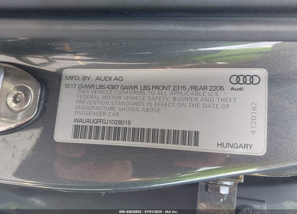 2018 AUDI A3 2.0T PREMIUM/2.0T TECH PREMIUM VIN: WAUAUGFF0J1028015