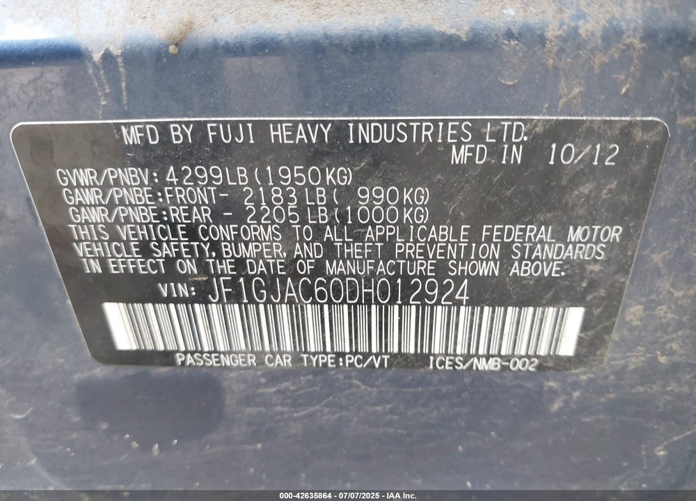 2013 SUBARU IMPREZA VIN: JF1GJAC60DH012924