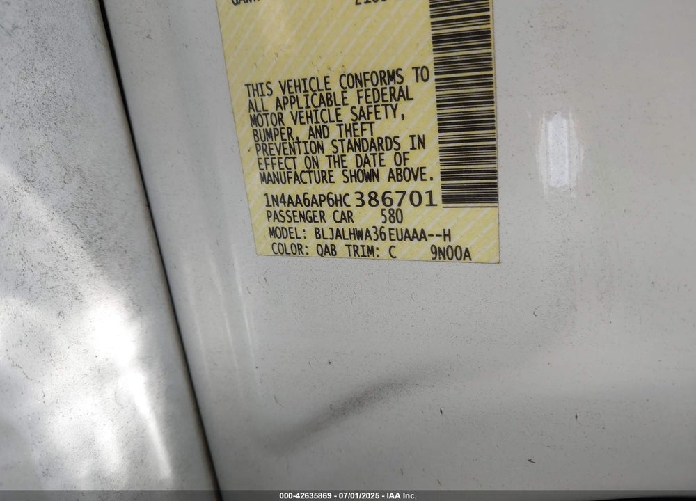 2017 NISSAN MAXIMA VIN: 1N4AA6AP6HC386701