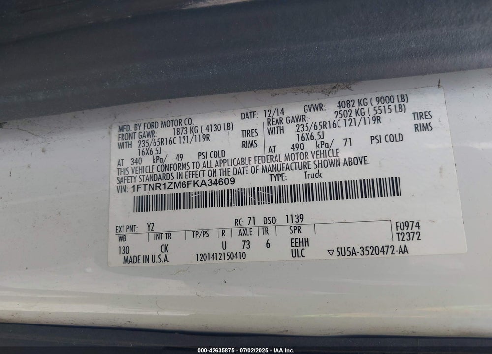 2015 FORD TRANSIT-250 VIN: 1FTNR1ZM6FKA34609