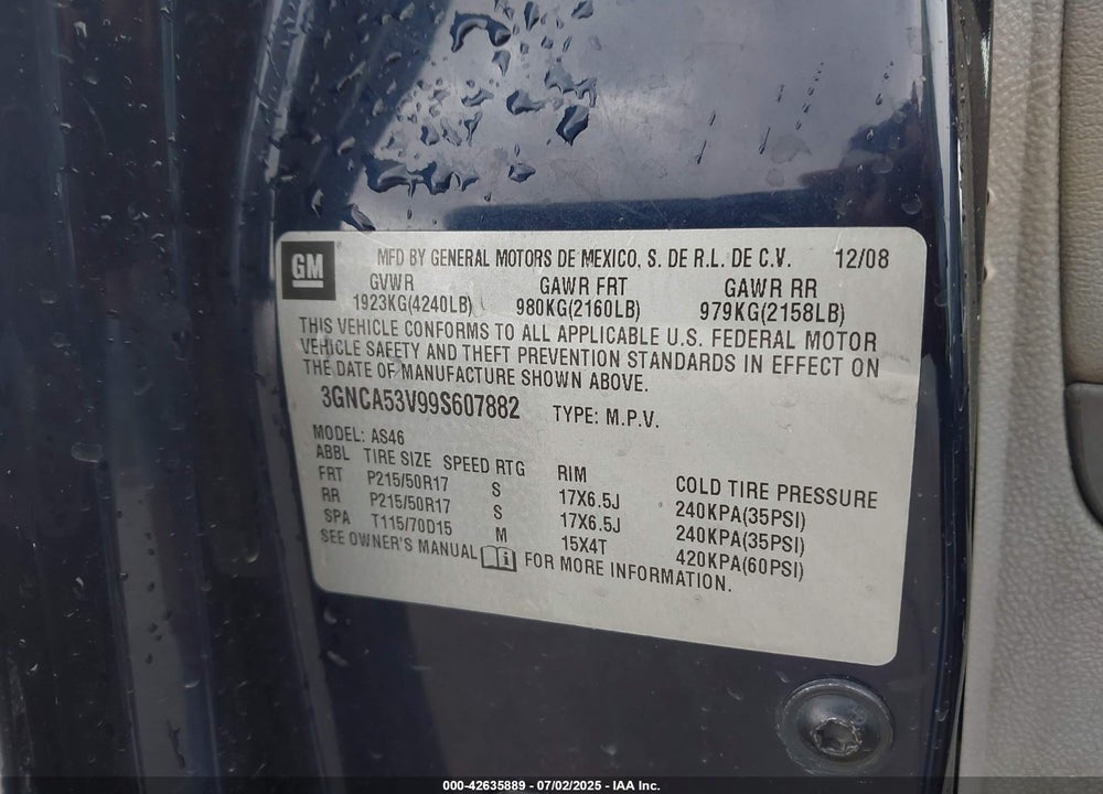 2009 CHEVROLET HHR VIN: 3GNCA53V99S607882