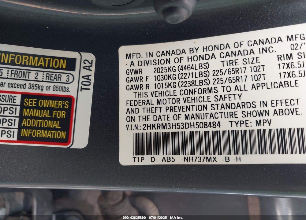 2013 HONDA CR-V VIN: 2HKRM3H53DH508484