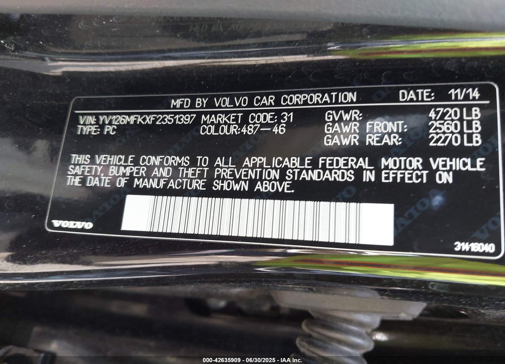 2015 VOLVO S60 VIN: YV126MFKXF2351397