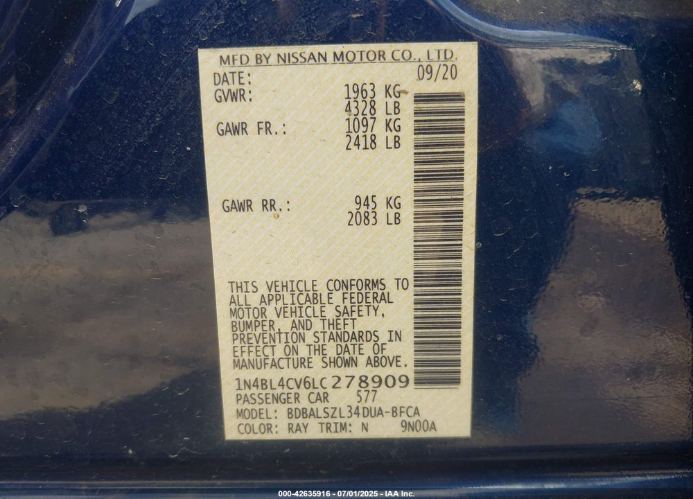 2020 NISSAN ALTIMA VIN: 1N4BL4CV6LC278909