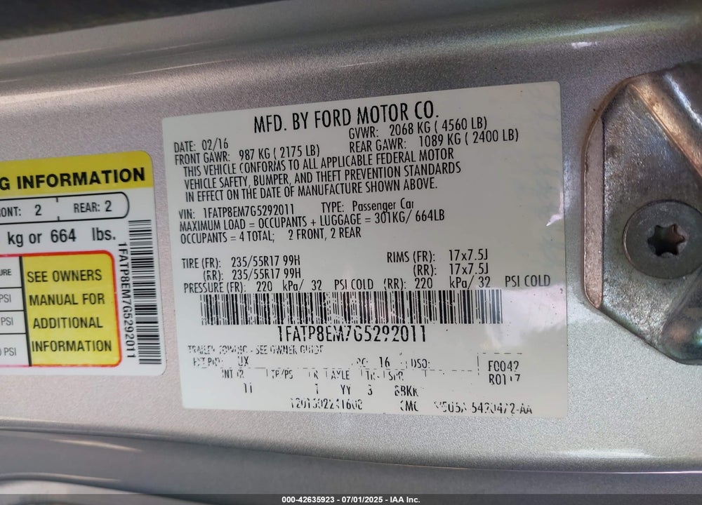 2016 FORD MUSTANG VIN: 1FATP8EM7G5292011