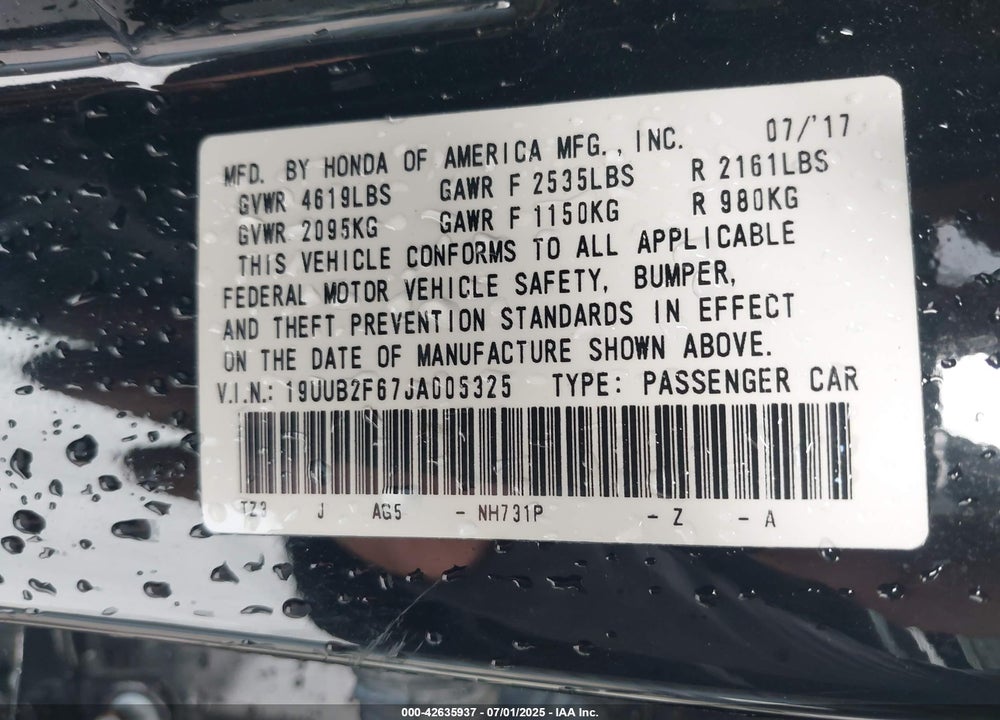 2018 ACURA TLX VIN: 19UUB2F67JA005325