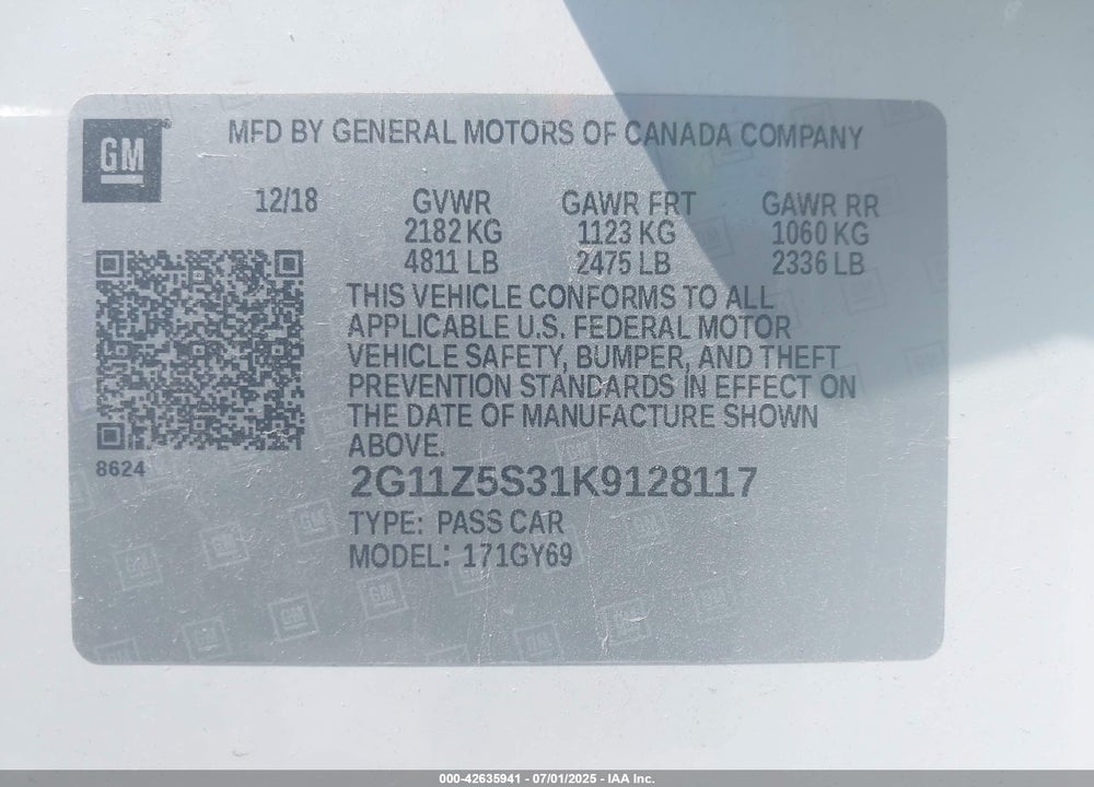 2019 CHEVROLET IMPALA LT VIN: 2G11Z5S31K9128117