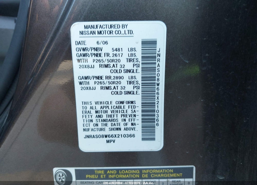 2006 INFINITI FX35 VIN: JNRAS08W66X210366