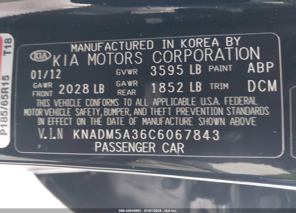 2012 KIA RIO5 VIN: KNADM5A36C6067843