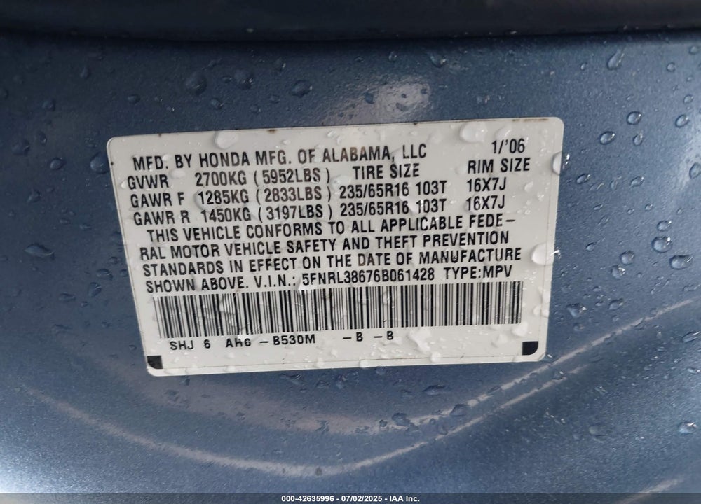 2006 HONDA ODYSSEY EX-L VIN: 5FNRL38676B061428