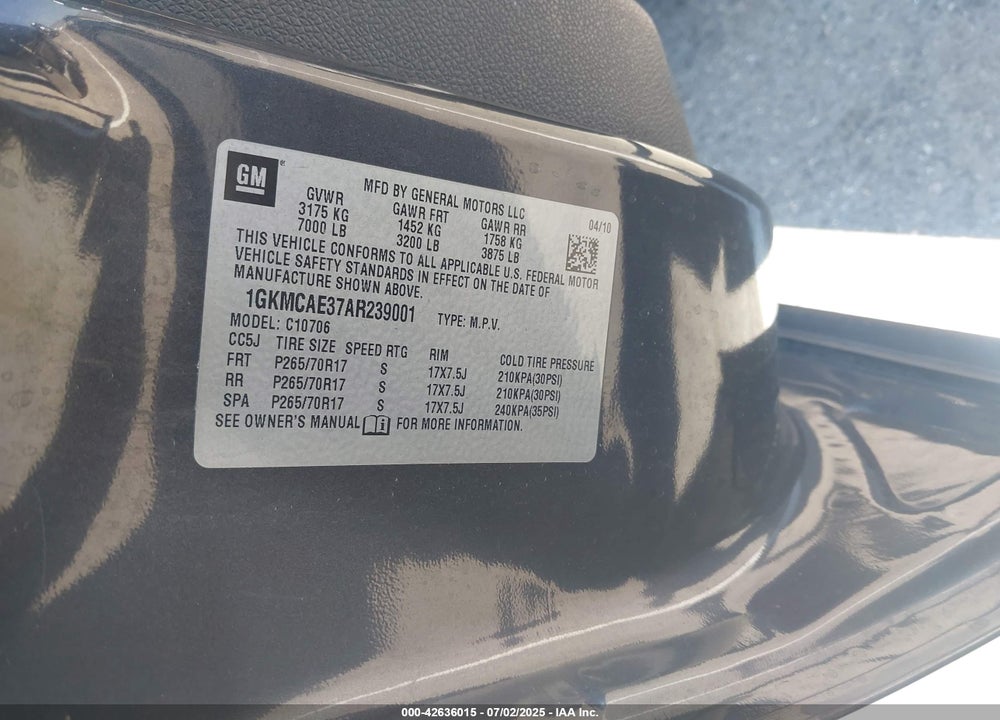 2010 GMC YUKON SLE VIN: 1GKMCAE37AR239001