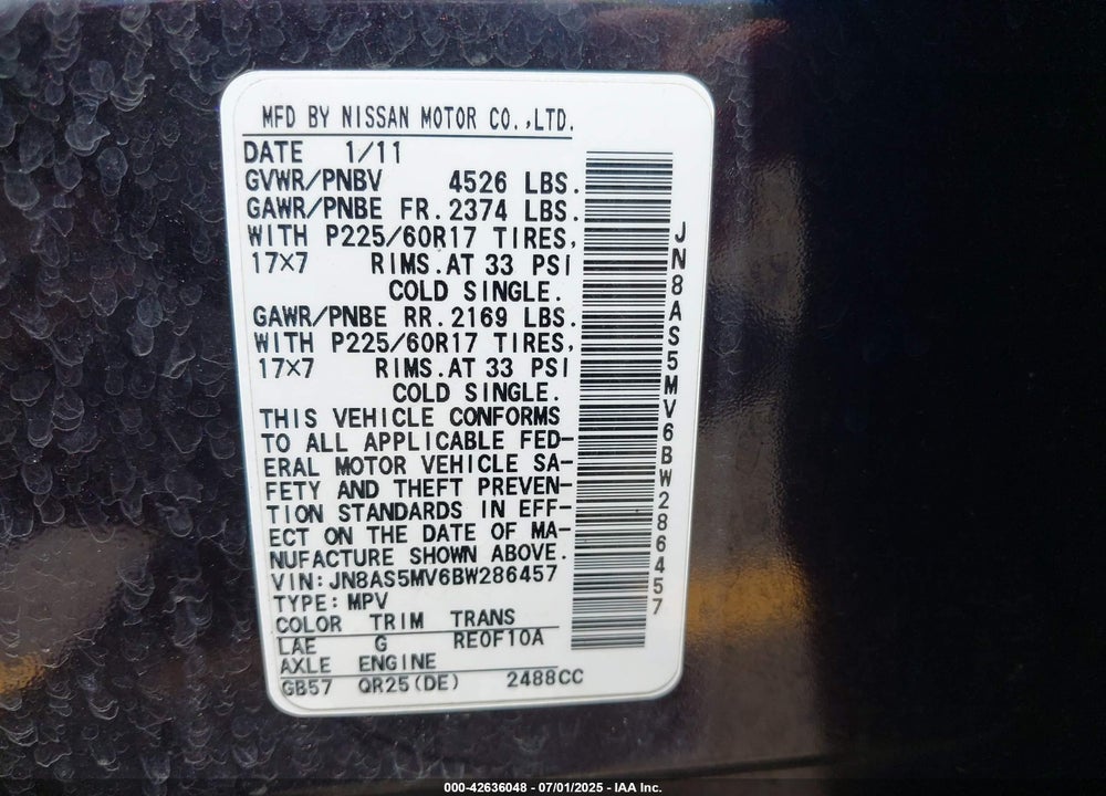 2011 NISSAN ROGUE VIN: JN8AS5MV6BW286457