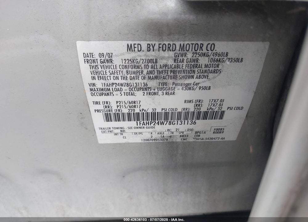 2008 FORD TAURUS VIN: 1FAHP24W78G131136