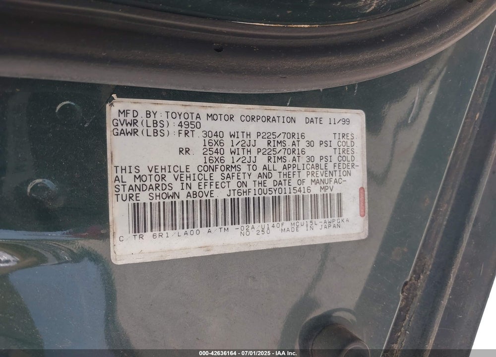 2000 LEXUS RX 300 VIN: JT6HF10U5Y0115416